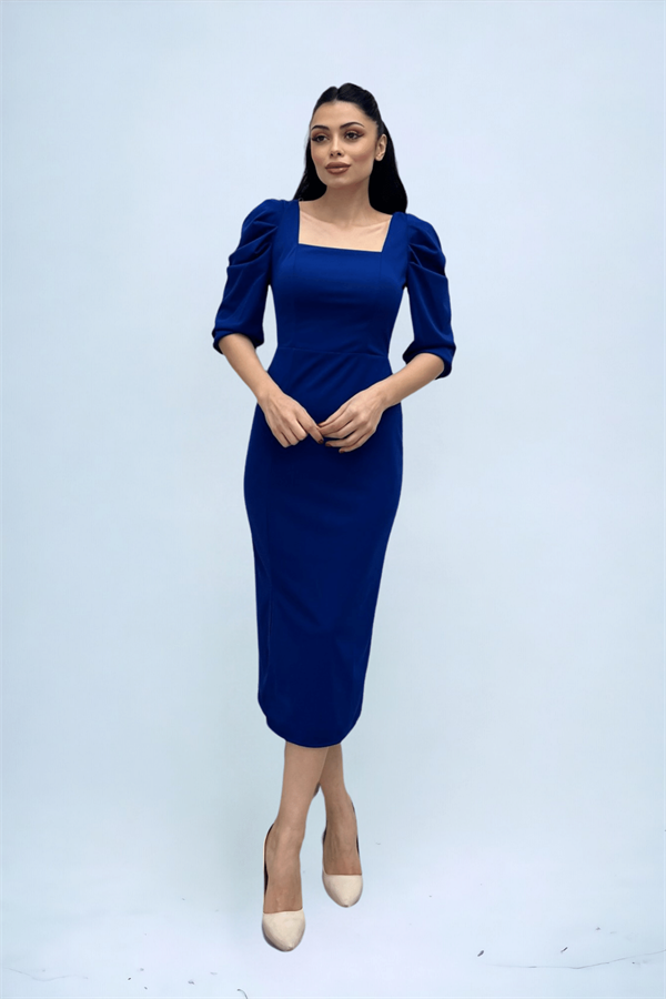 Knitted Crepe Fabric Square Collar Slit Dress - SAX BLUE