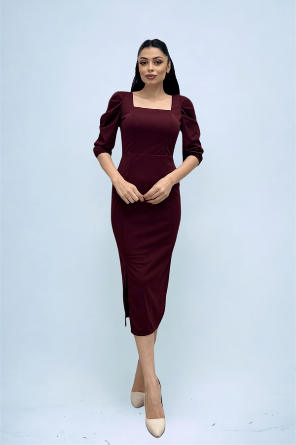 Knitted Crepe Fabric Square Collar Slit Dress - BURGUNDY