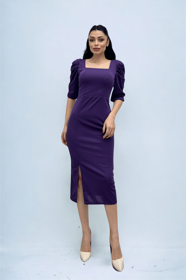 Knitted Crepe Fabric Square Collar Slit Dress - PURPLE
