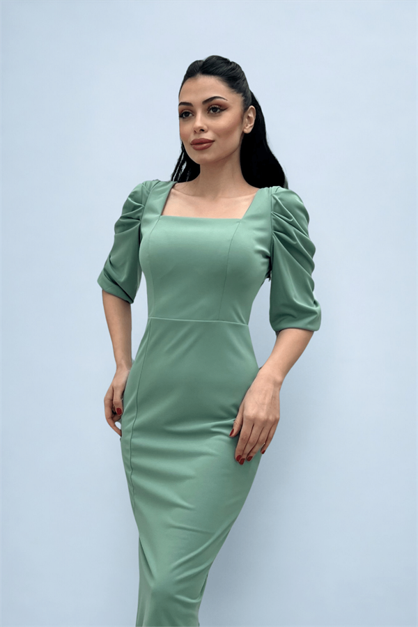 Knitted Crepe Fabric Square Collar Slit Dress - MINT GREEN