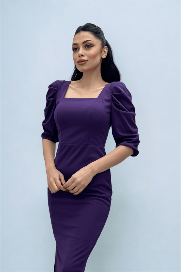 Knitted Crepe Fabric Square Collar Slit Dress - PURPLE