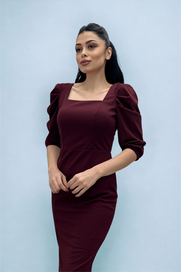 Knitted Crepe Fabric Square Collar Slit Dress - BURGUNDY