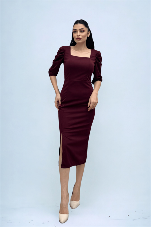 Knitted Crepe Fabric Square Collar Slit Dress - BURGUNDY