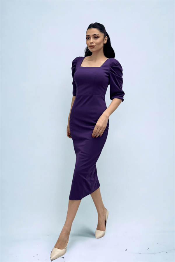 Knitted Crepe Fabric Square Collar Slit Dress - PURPLE