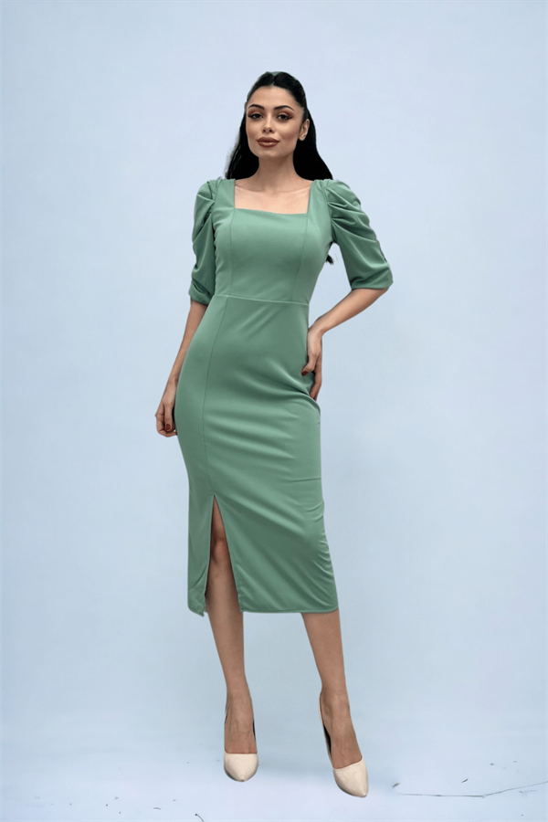 Knitted Crepe Fabric Square Collar Slit Dress - MINT GREEN