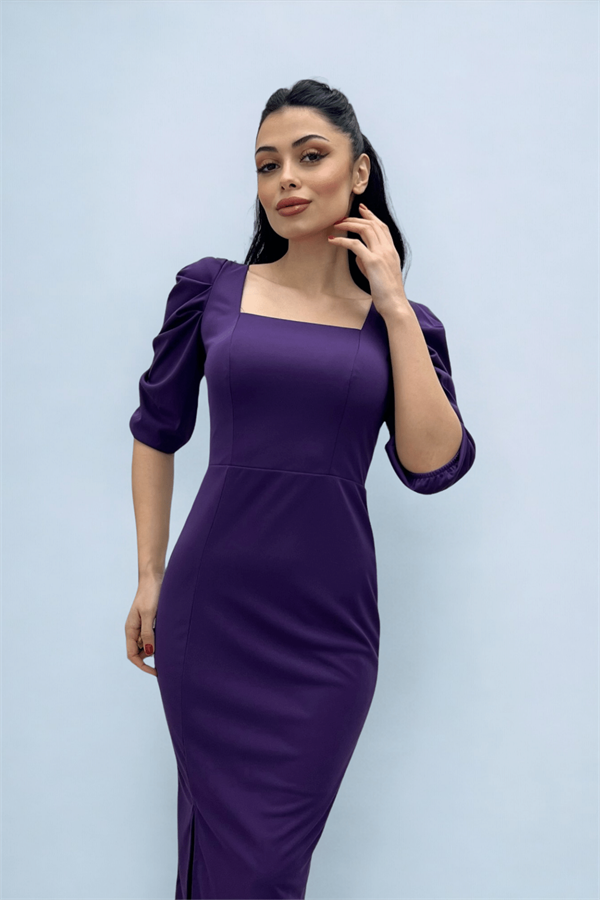 Knitted Crepe Fabric Square Collar Slit Dress - PURPLE