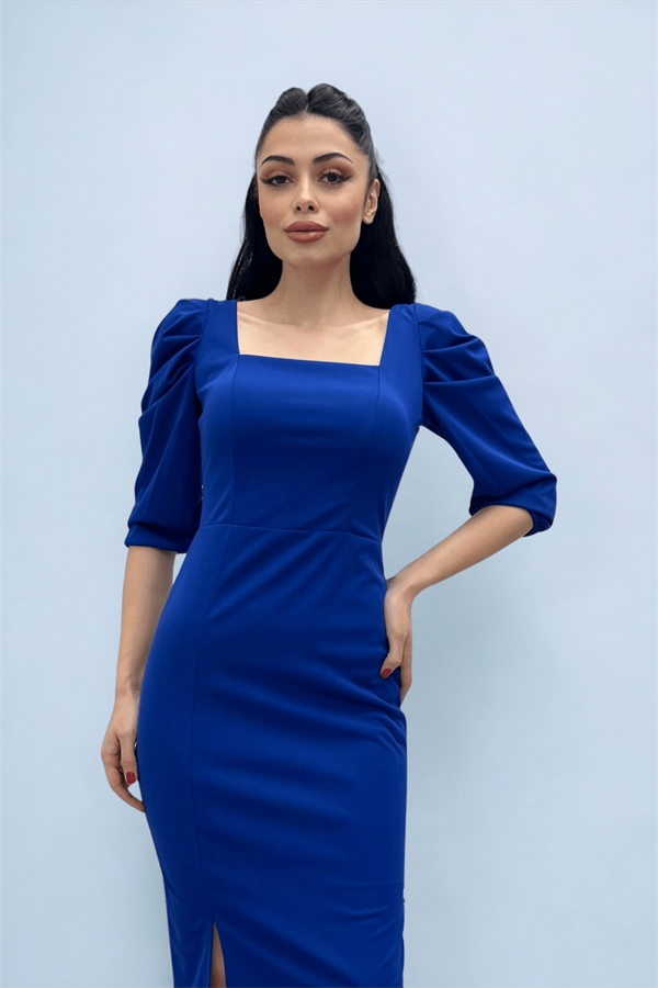 Knitted Crepe Fabric Square Collar Slit Dress - SAX BLUE