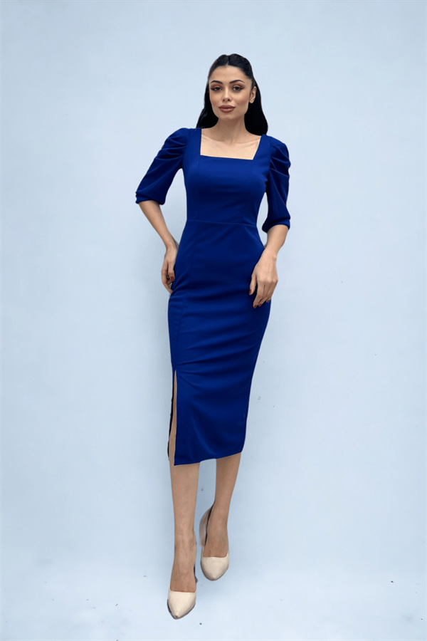 Knitted Crepe Fabric Square Collar Slit Dress - SAX BLUE