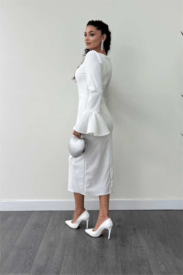 Otriş Detaylı Kare Yaka Kalem Elbise - BEYAZ