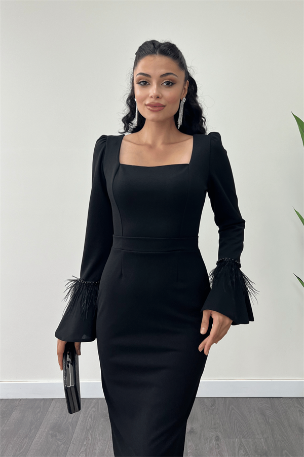 Otriş Detaylı Kare Yaka Kalem Elbise - SİYAH