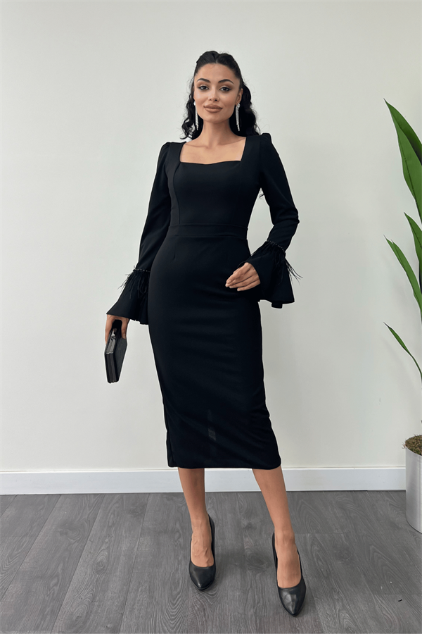 Otriş Detaylı Kare Yaka Kalem Elbise - SİYAH