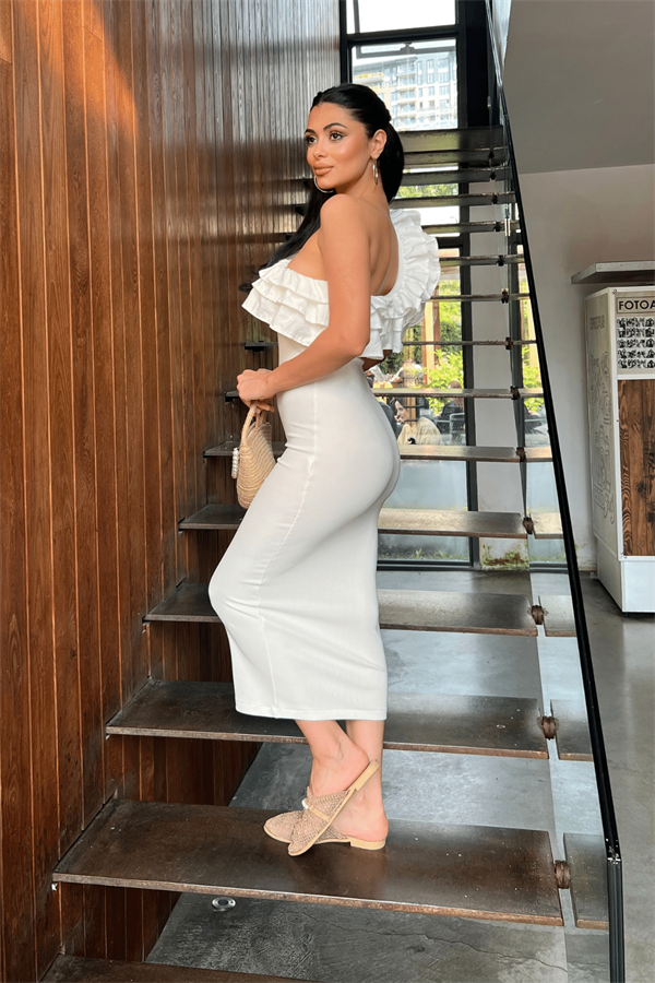 Ottoman Kumaş Tek Kol Kalem Elbise - BEYAZ