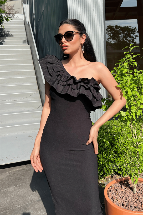 Ottoman Kumaş Tek Kol Kalem Elbise - SİYAH