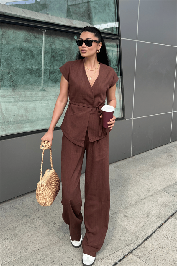 Pamuk Keten Kumaş Yelekli Takım - KAHVERENGİ