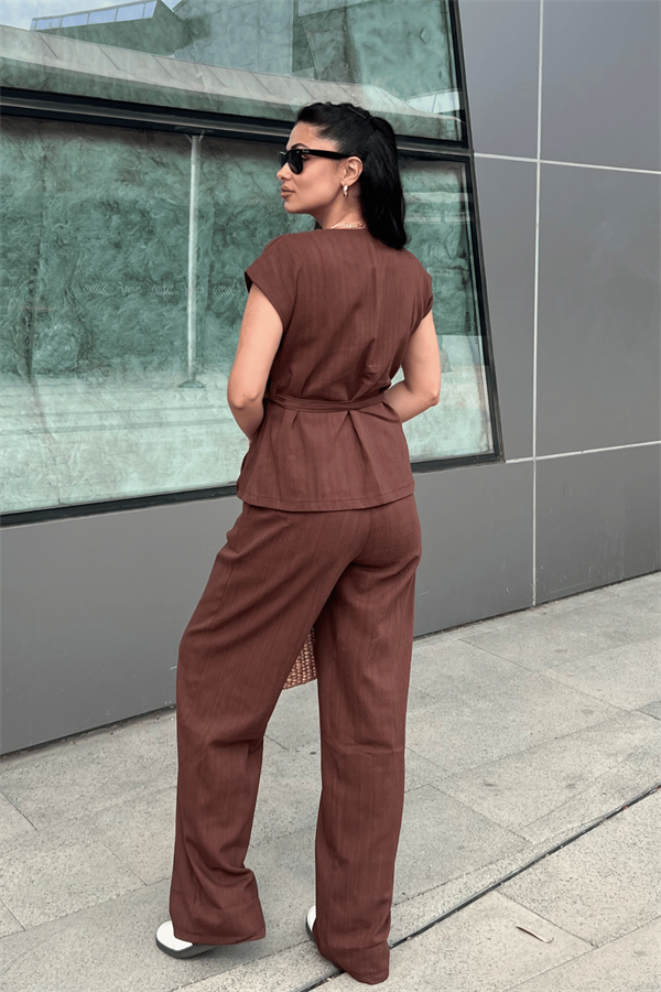 Pamuk Keten Kumaş Yelekli Takım - KAHVERENGİ
