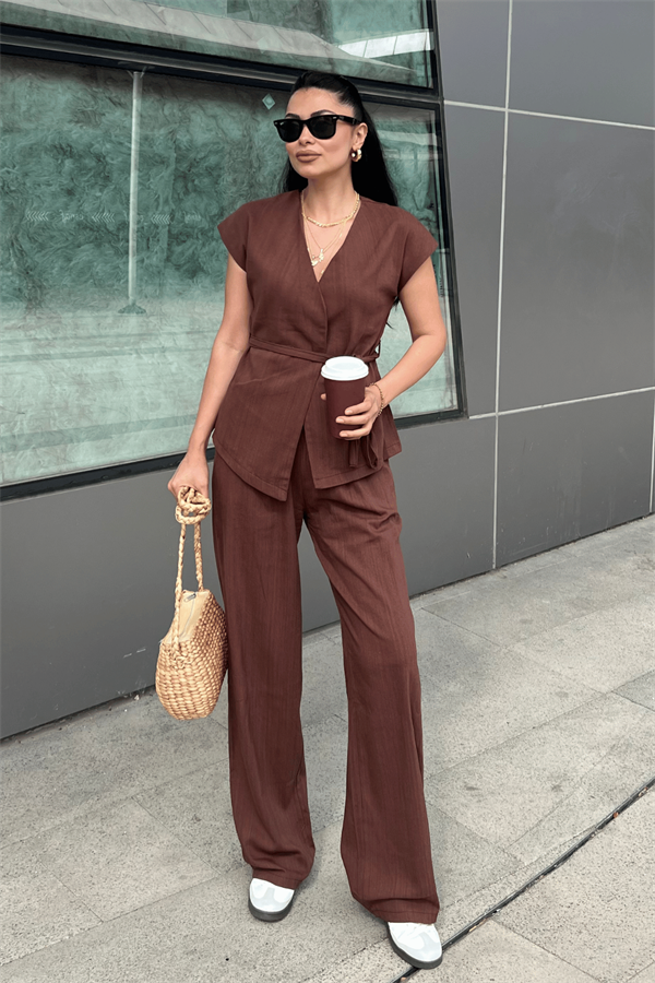 Pamuk Keten Kumaş Yelekli Takım - KAHVERENGİ