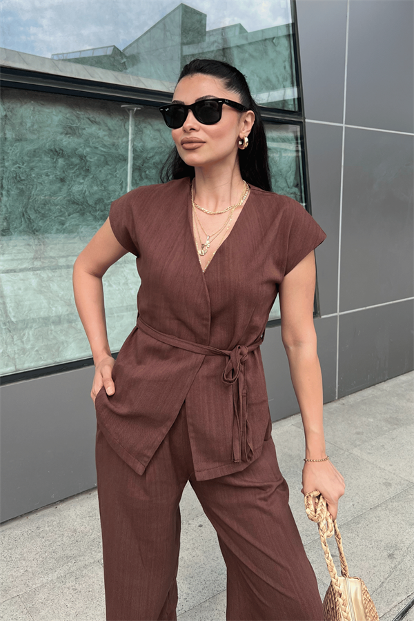 Pamuk Keten Kumaş Yelekli Takım - KAHVERENGİ