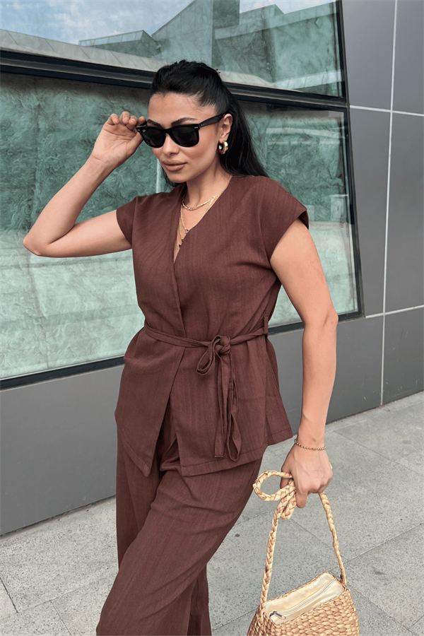 Pamuk Keten Kumaş Yelekli Takım - KAHVERENGİ