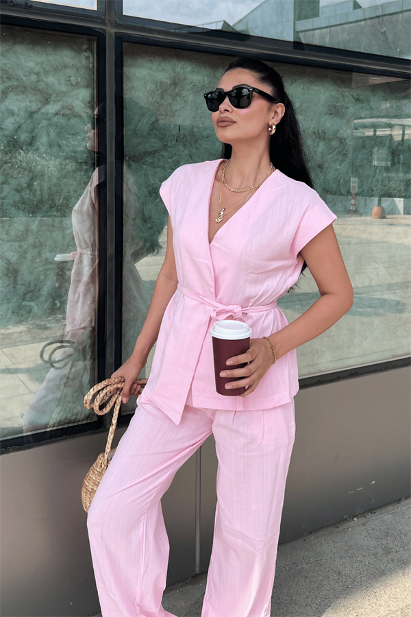 Pamuk Keten Kumaş Yelekli Takım - PEMBE