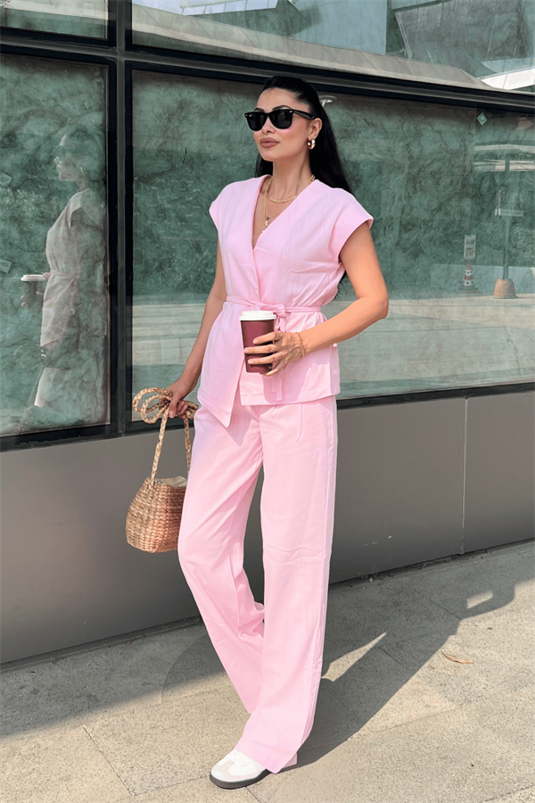 Pamuk Keten Kumaş Yelekli Takım - PEMBE