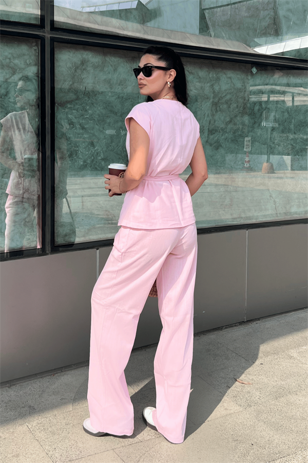 Pamuk Keten Kumaş Yelekli Takım - PEMBE