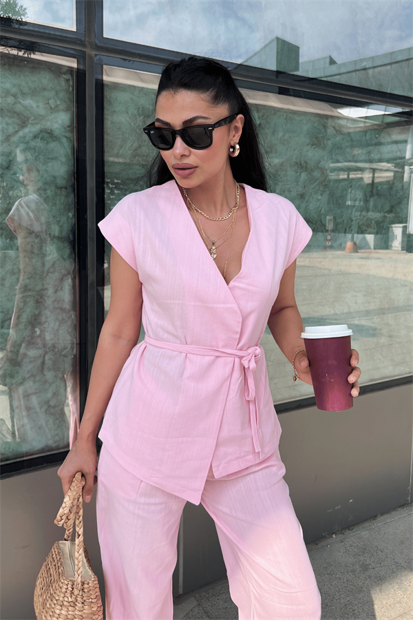 Pamuk Keten Kumaş Yelekli Takım - PEMBE