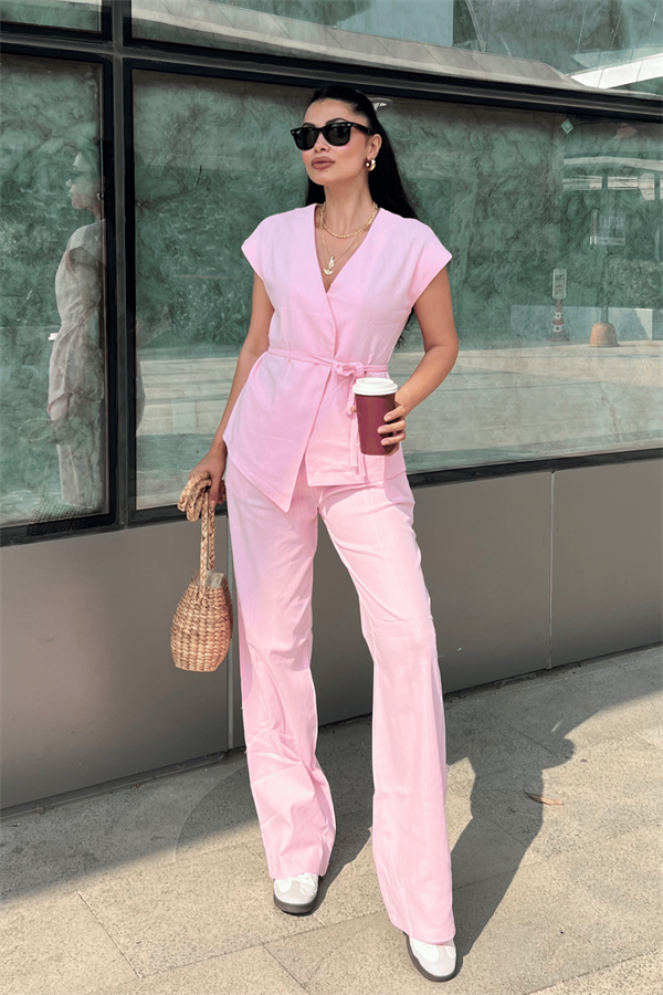 Pamuk Keten Kumaş Yelekli Takım - PEMBE