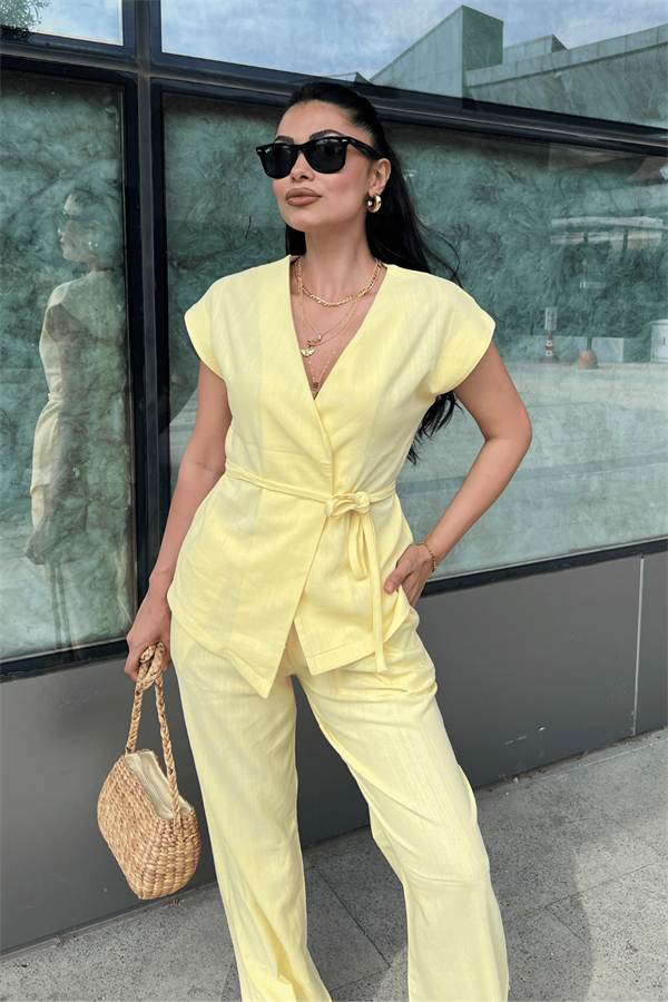 Pamuk Keten Kumaş Yelekli Takım - SARI