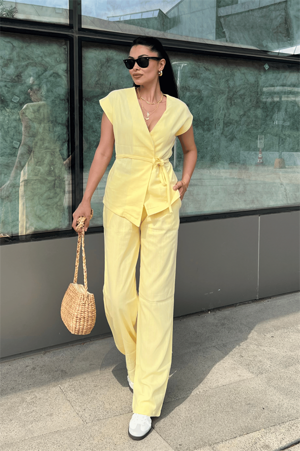 Pamuk Keten Kumaş Yelekli Takım - SARI