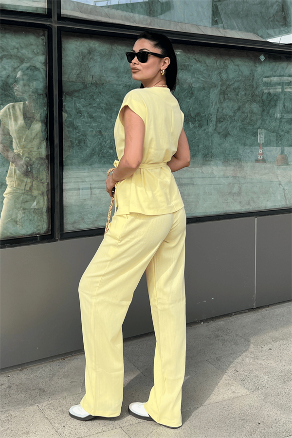 Pamuk Keten Kumaş Yelekli Takım - SARI