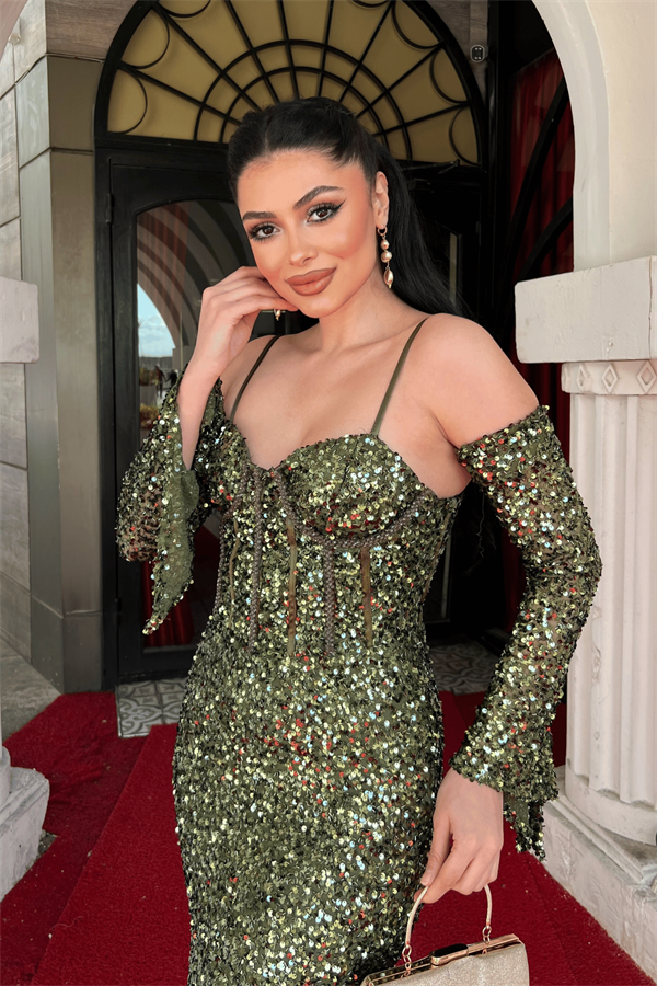 Payet Kumaş Balenli Abiye Elbise - HAKİ YEŞİLİ