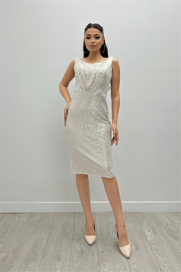 Payet Kumaş Büzgü Detaylı Kalın Askılı Elbise - BEJ