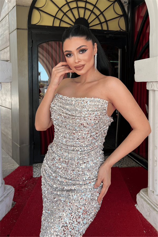 Payet Kumaş Drape Detaylı Abiye Elbise - GOLD