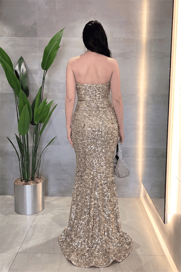 Payet Kumaş Drape Detaylı Abiye Elbise - GOLD
