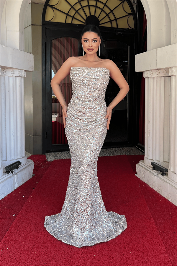 Payet Kumaş Drape Detaylı Abiye Elbise - GOLD