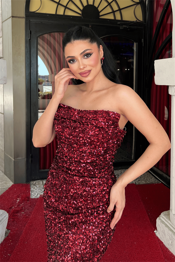 Payet Kumaş Drape Detaylı Abiye Elbise - BORDO