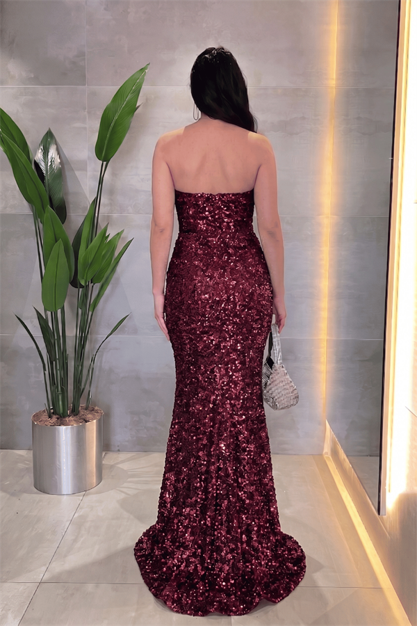Payet Kumaş Drape Detaylı Abiye Elbise - BORDO