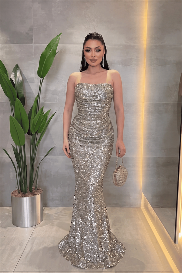 Payet Kumaş Drape Detaylı Abiye Elbise - GOLD