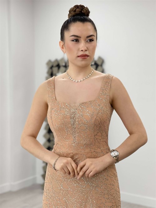 فستان مكشكش محبوك - ذهب