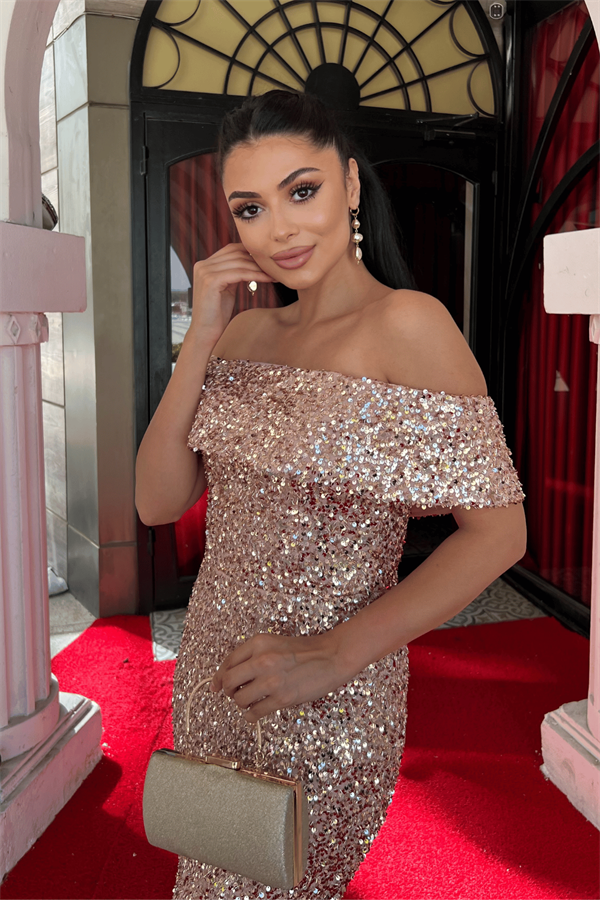 Payet Kumaş Kayık Yaka Kalem Elbise - BAKIR