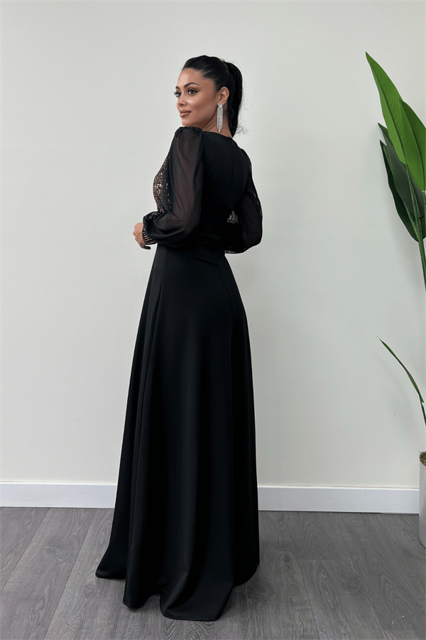 Payet Kumaş Kolları Tül Abiye Elbise - GOLD