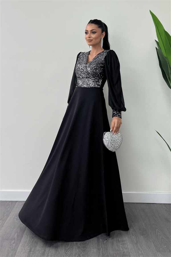 Payet Kumaş Kolları Tül Abiye Elbise - GÜMÜŞ