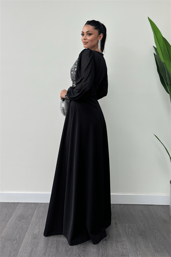 Payet Kumaş Kolları Tül Abiye Elbise - GÜMÜŞ