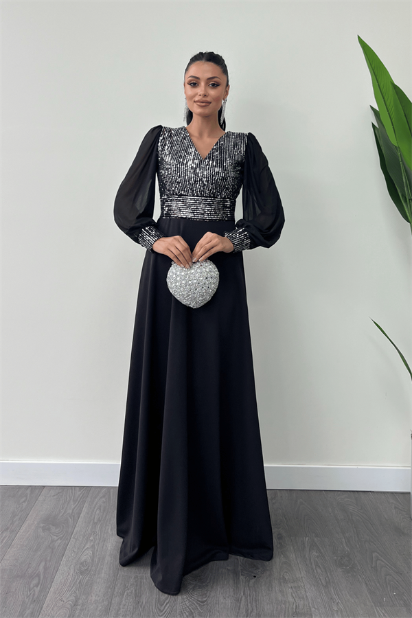 Payet Kumaş Kolları Tül Abiye Elbise - GÜMÜŞ