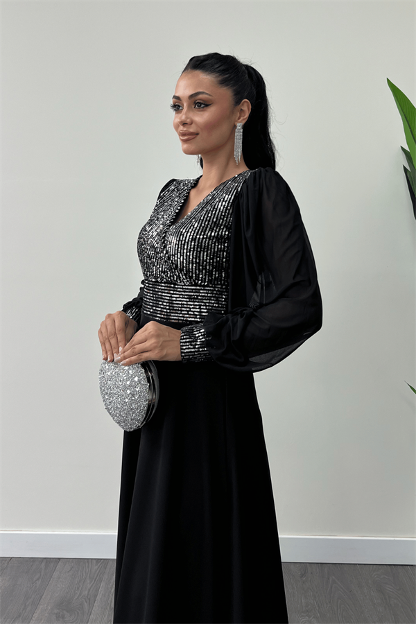 Payet Kumaş Kolları Tül Abiye Elbise - GÜMÜŞ