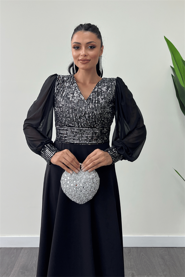 Payet Kumaş Kolları Tül Abiye Elbise - GÜMÜŞ