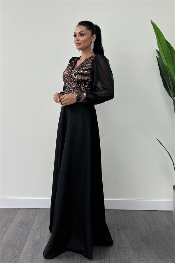 Payet Kumaş Kolları Tül Abiye Elbise - GOLD