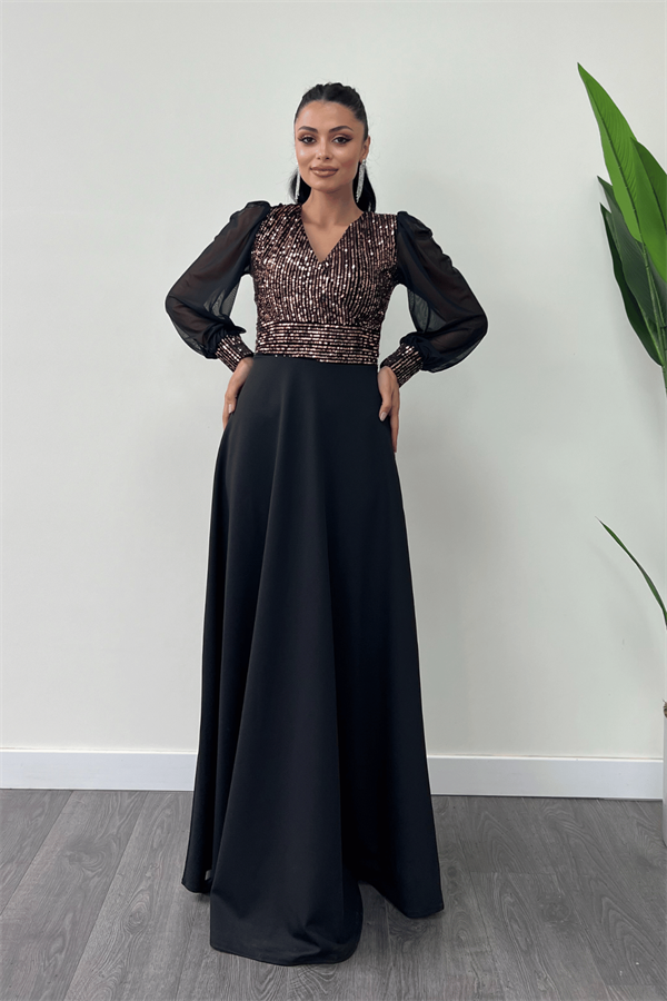 Payet Kumaş Kolları Tül Abiye Elbise - GOLD