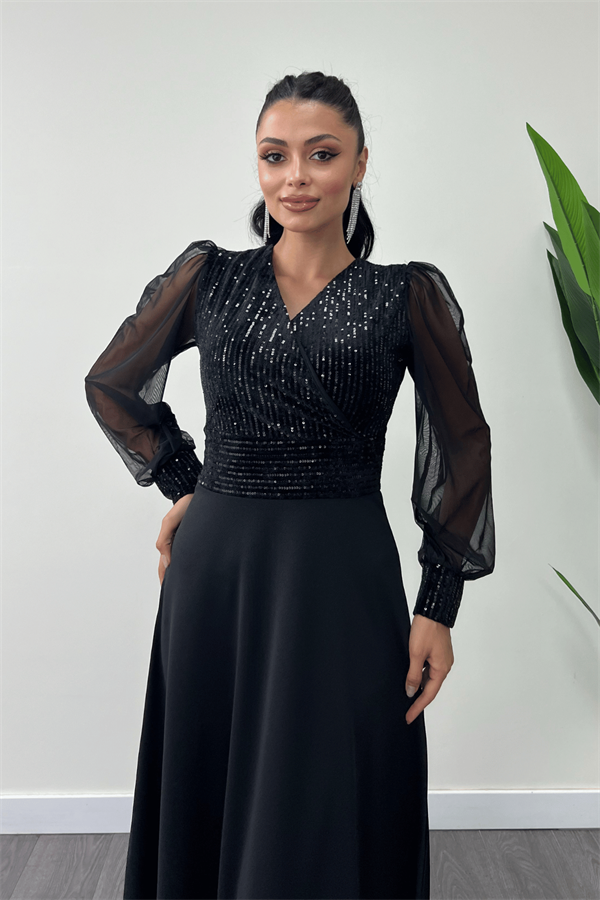 Payet Kumaş Kolları Tül Abiye Elbise - SİYAH