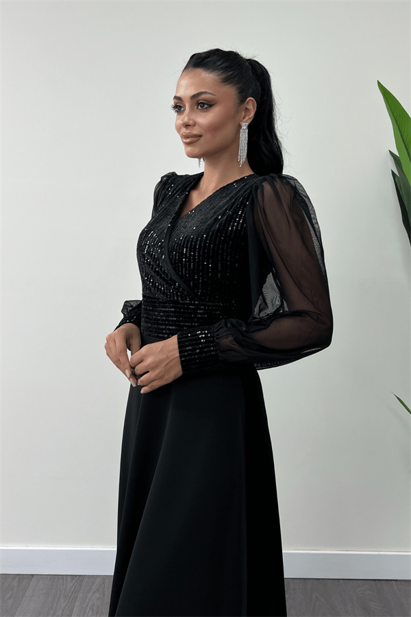 Payet Kumaş Kolları Tül Abiye Elbise - SİYAH